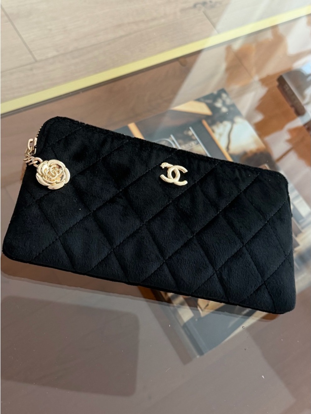 Black Quilted Zip Wallet with Gold Camellia Charm